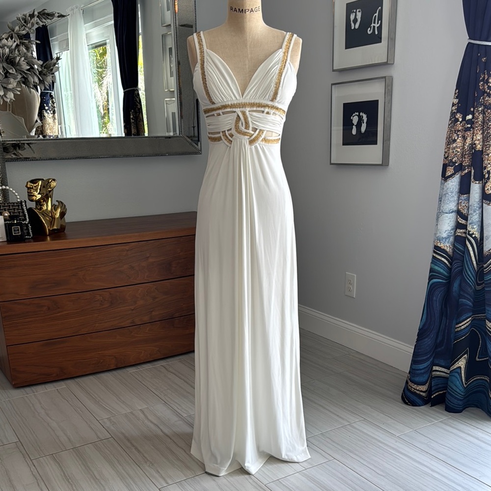 Elegant Cream and Gold Beaded Goddess Dress from GUESS Fallen Angels Collection